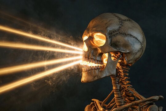 Skeletal figure with glowing skull beams illuminating a dark space in an eerie atmosphere