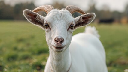 Obraz premium Charming white goat in lush green pasture