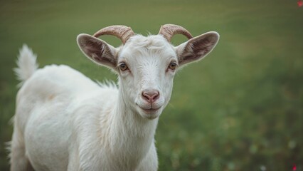 Obraz premium Charming white goat in lush green pasture