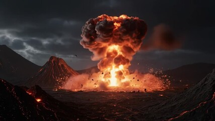 Slow Motion Nuclear Fireball Expansion in Volcanic Wasteland - Powered by Adobe
