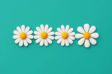 Four white daisies with yellow centers arranged in a row on a teal background