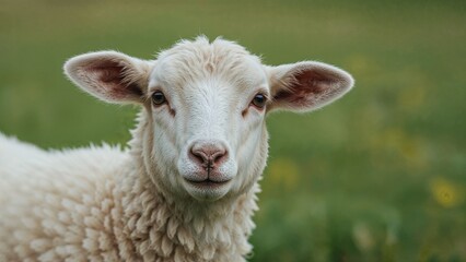 Obraz premium Adorable white sheep in lush green pasture