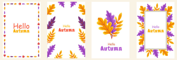 Set of vector autumn greeting cards with colorful oak and maple leaves in yellow, orange and purple colors. Hand drawn flat illustration with text 