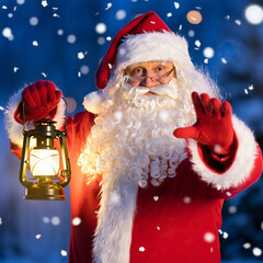 Santa claus holding a lantern in a snowy winter forest at night