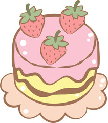 Pink birthday cake illustration with strawberries and cream for a sweet celebration