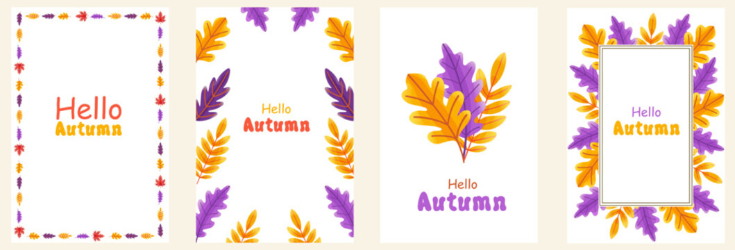 Set of vector autumn greeting cards with colorful oak and maple leaves in yellow, orange and purple colors. Hand drawn flat illustration with text "Hello Autumn". Isolated on white background. - Powered by Adobe