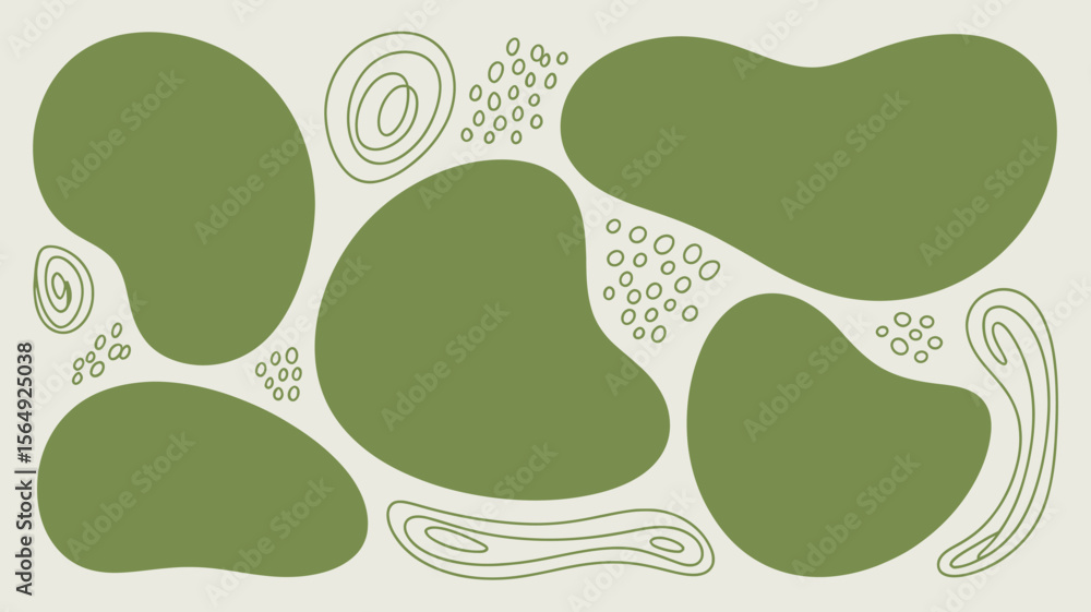 Poster abstract background with green organic shapes circles and lines on a light beige background design s