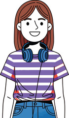Illustration of a smiling woman with headphones and striped shirt art