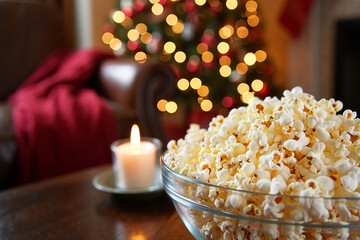 Cozy christmas evening with popcorn candle and glowing tree lights