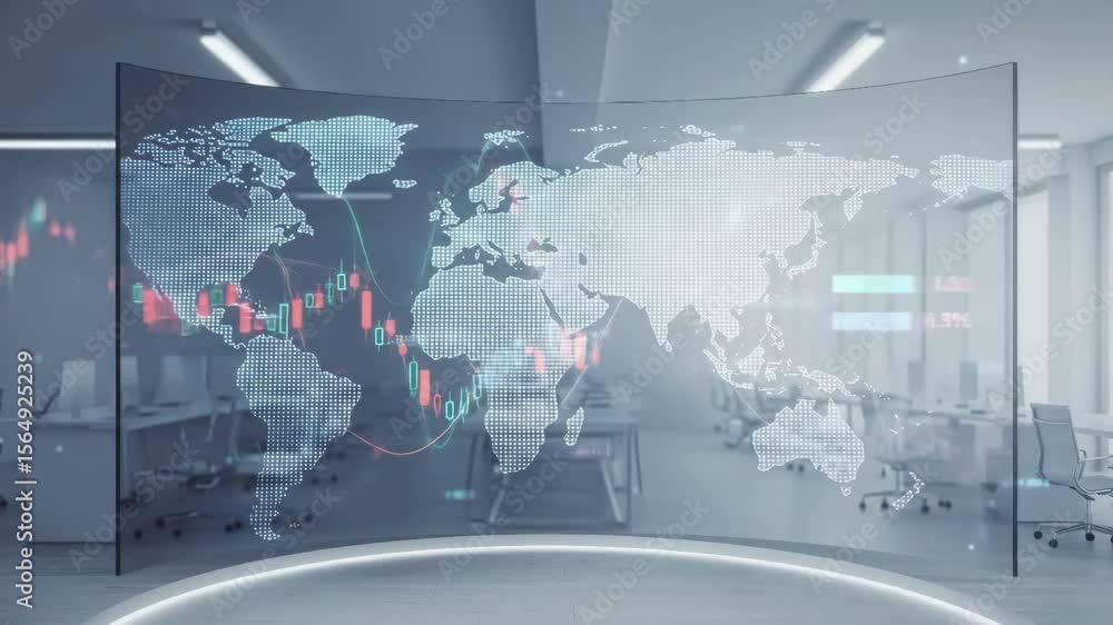 Poster global business network and stock market data visualization - a curved glass screen displays a world
