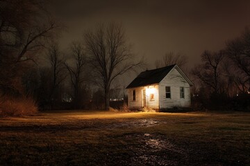 Cabin In The Woods At Night. Old House In Nature Landscape Under Dark Winter Sky
