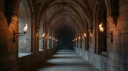 Obraz premium Medieval Stone Corridor Illuminated by Flickering Torches and Arched Ceiling