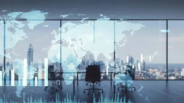 Global Business Strategy Meeting - A modern conference room with a large window showcasing a city skyline, overlaid with a digital world map and financial data graphics.