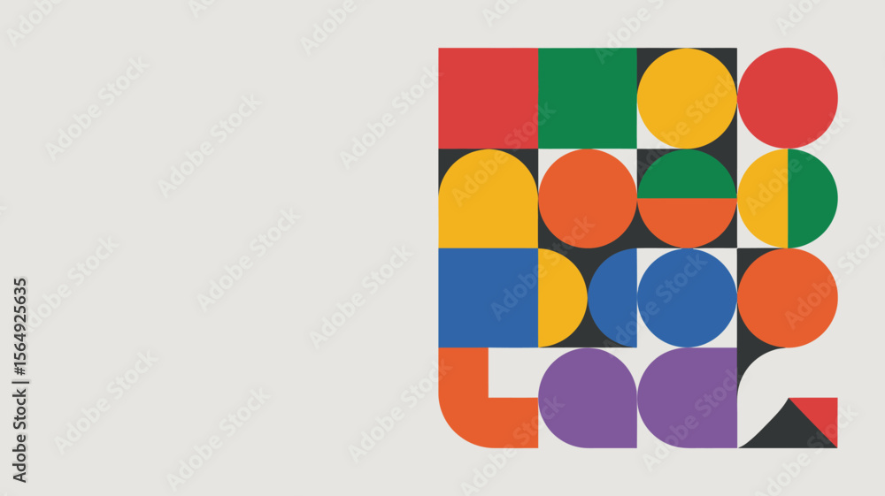 Poster geometric design with squares circles and half circles in a grid pattern with bright colors on a gra