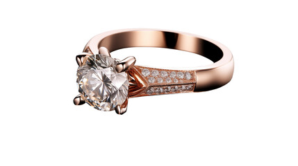 Sparkling solitaire diamond ring in rose gold shimmers against a contrasting isolated on transparent background high lighting its intricate design and brilliant gemstone.