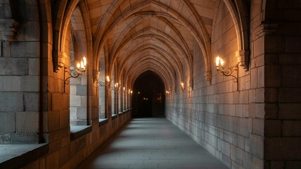 Fototapeta premium Gothic Arched Hallway Illuminated by Sconce Lights Leading to Darkened End