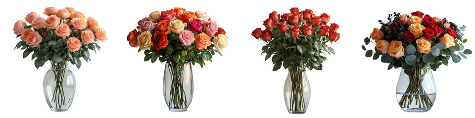 Beautiful bouquet of roses in a glass vase PNG on a transparent background