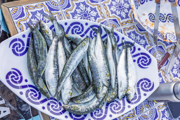 Fresh sardines lying on decorative plate on tiled table