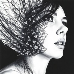Surreal black and white portrait of a woman with melting facial features, blending into abstract geometric lines, stark shadows and high contrast, smooth pencil shading, hyperrealistic style