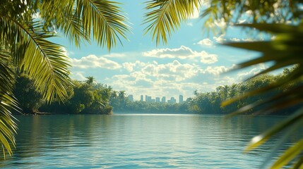 Serene tropical lagoon meets city skyline. Lush greenery frames tranquil water, leading to hazy urban backdrop