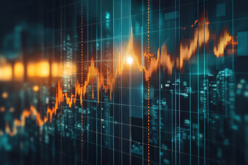 Abstract digital financial stock market graph with glowing orange line chart over a blurred city skyline at night