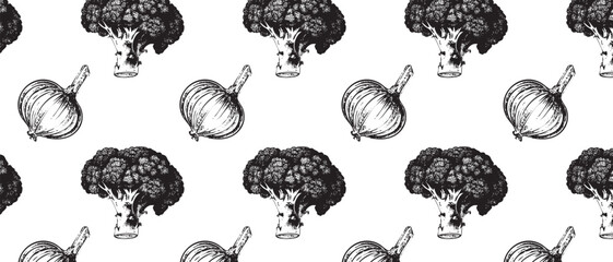 Retro Engraving Pattern of Organic Vegetables in Vintage Etching Style, ideal for Eco Packaging, Thanksgiving, and Autumn Market Designs.

