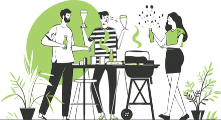 Friends Enjoying a Barbecue Party with Drinks and Good Times in a Minimalist Vector Illustration
