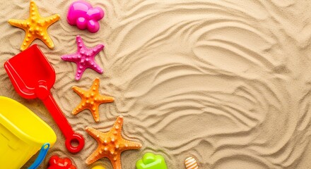 Beach sand with colorful children’s toys and starfish creating playful summer vacation scene