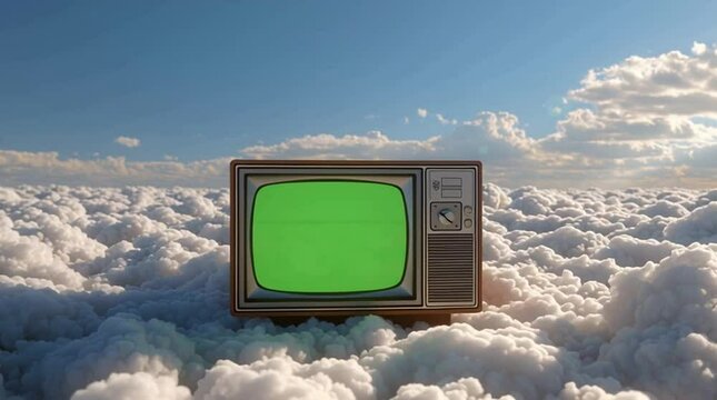 A vintage television set rests on a fluffy cloud, with a solid green screen for graphic work.