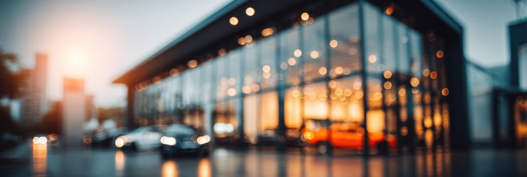 Car Dealership Building. Blurred Exterior Photo of Modern Business Auto Showroom