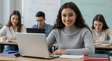 Focused Student Smiling Behind Laptop in Classroom