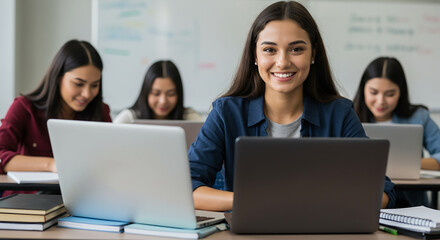 Focused Student Smiling Behind Laptop in Classroom
