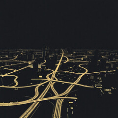 Aerial view of a dark city at night with illuminated roads and buildings creating a futuristic cityscape