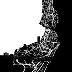 A black and white illustration of a cityscape with bridges and abstract network structures above the buildings