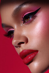 Obraz premium Stunning close up of model showcasing vibrant makeup, featuring bold pink eyeshadow, dramatic eyeliner, and striking red lips against vivid background. flawless skin radiates healthy glow