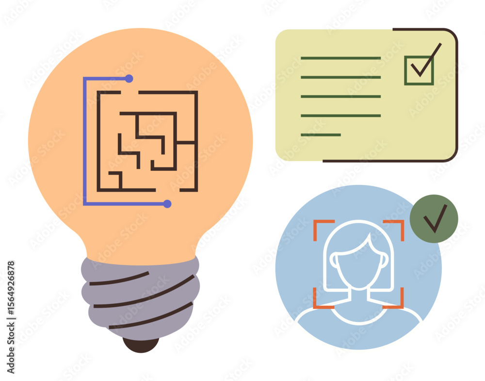 Poster light bulb with circuit, profile image verification with check, and checklist symbolize innovation, 