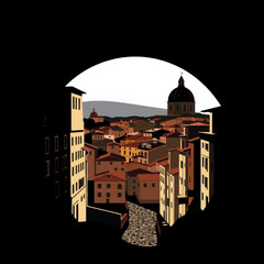 Cityscape view through a circular opening with buildings and a dome under a bright sky in the distance