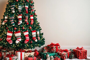 Christmas tree decorated entirely with colorful socks and surrounded by wrapped gifts
