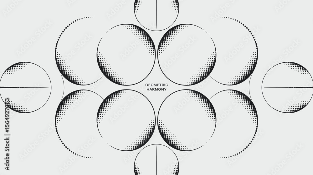 Poster geometric pattern of circles with halftone shading and lines on a light gray background art design