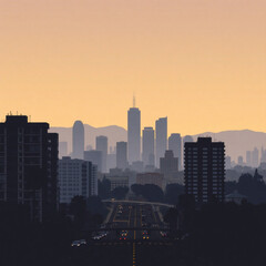 Cityscape view with distant buildings and a highway leading into the city during the early morning hours