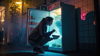 Fototapeta premium A woman finds herself in the kitchen, looking for a late-night snack near the fridge.