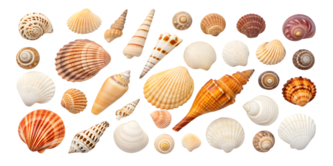 Assortment of natural seashells and cones isolated on transparent background