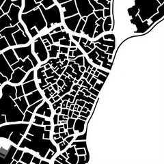 Monochrome aerial view of a dense urban area with irregular street patterns and coastal features shown
