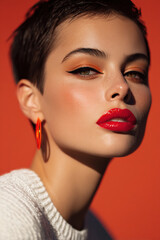 Striking fashion editorial photo featuring confident model with bold makeup, showcasing vibrant orange and red tones against vivid background. model short hair and glossy lips enhance overall