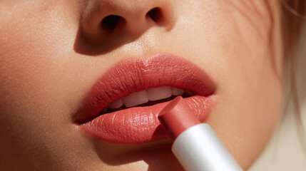 Naklejka premium Woman applying matte lipstick on plump lips, showcasing soft and smooth texture. close up highlights beauty and detail of lips, creating inviting and elegant look