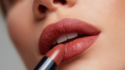 Woman applying matte lipstick on plump lips showcases soft and elegant beauty. rich color enhances her features, creating striking and confident look