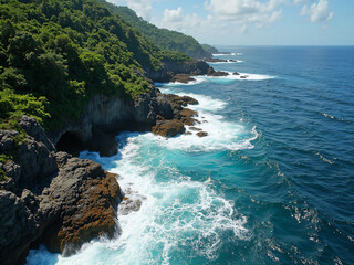 "Steep rocky coast covered in jungle greenery descending into dark blue tropical waters, wave lines forming layers of white foam, bright sun overhead casting highlights on wet rocks 