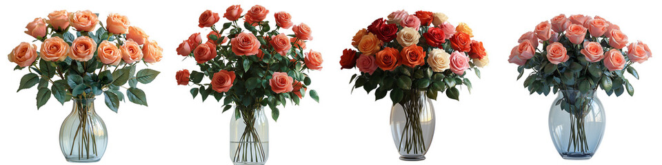 Bouquet of realistic red roses isolated in a glass vase on a transparent background