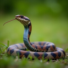 Obraz premium Colorful Snake Coiled on Grass with Tongue Out – Close-up Wildlife Shot