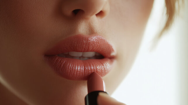 Woman applying matte lipstick on her plump lips, showcasing soft and elegant look. focus is on lips and lipstick, creating captivating beauty moment